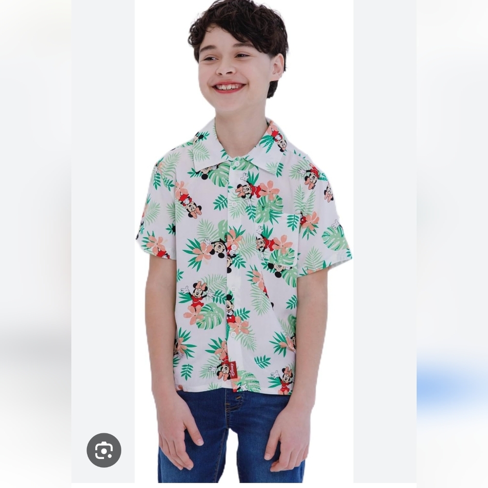Disney White Tropical Mickey Mouse Button-Down Shirt